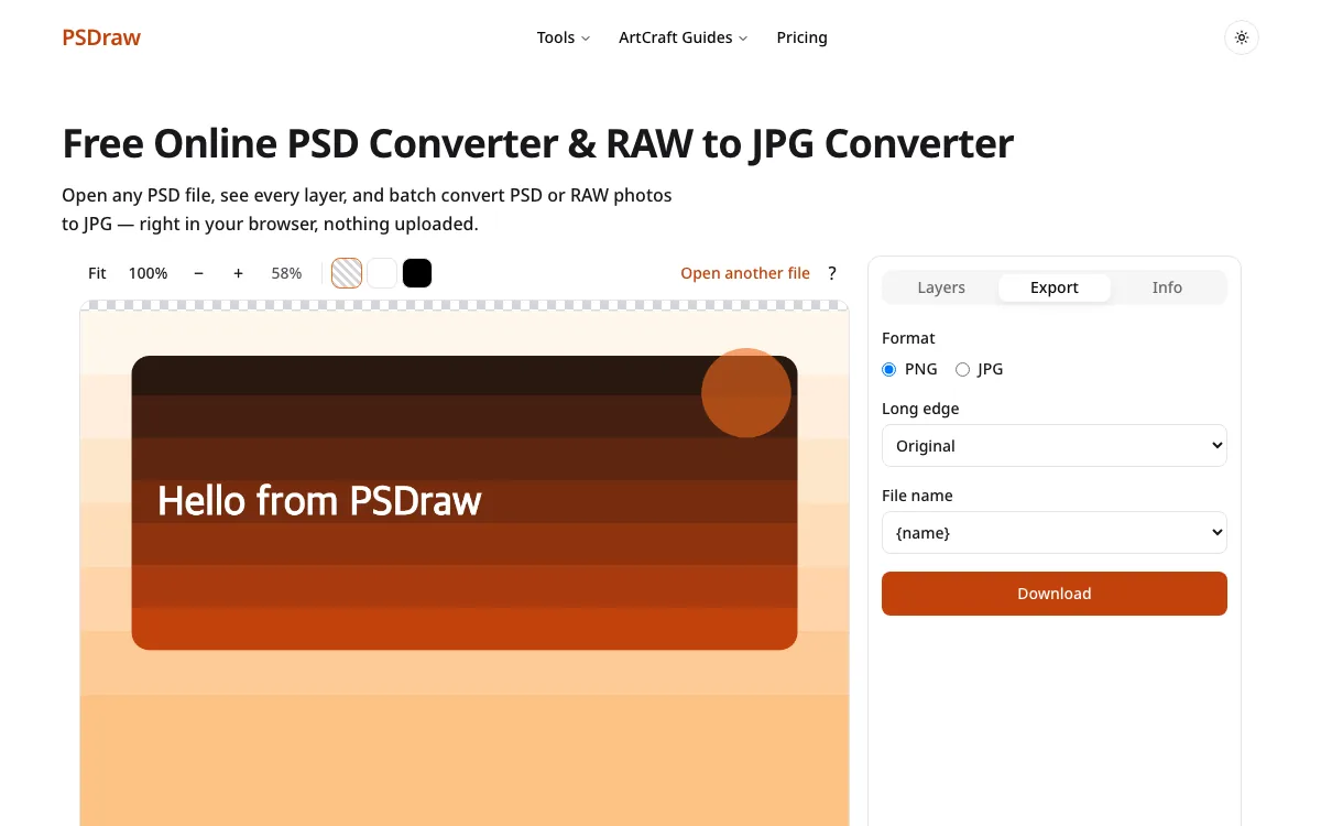 Export panel of the PSD converter with PNG and JPG choices