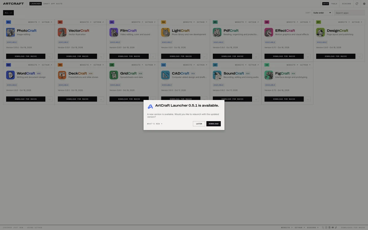 ArtCraft Launcher web build showing the update prompt for launcher 0.5.1 above the full Craft app catalogue