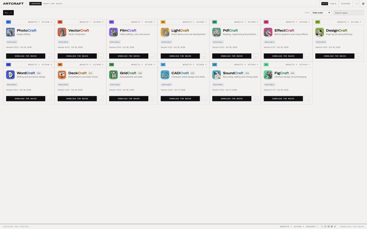 ArtCraft Launcher grid view listing all 13 Craft apps with their versions, release dates and download buttons