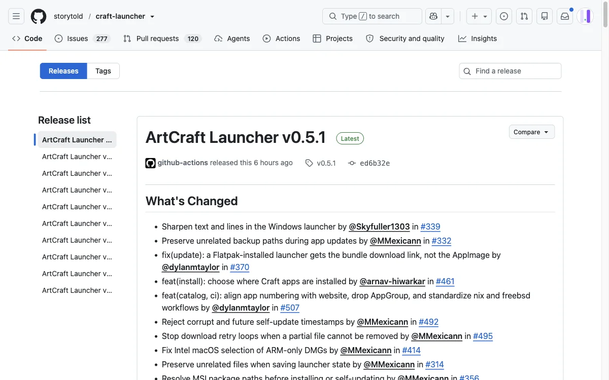 ArtCraft Launcher GitHub releases page showing launcher versions and release notes for the current build
