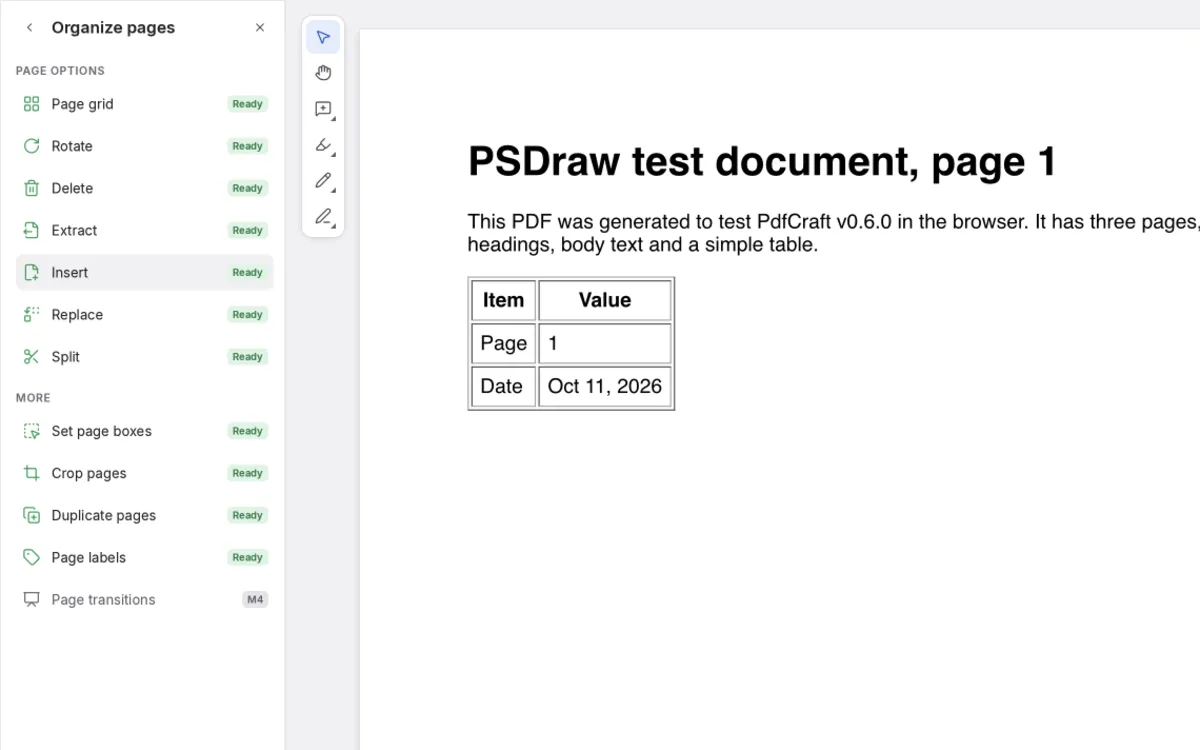 ArtCraft review test: PdfCraft v0.6.0 Organize pages panel with tools marked Ready