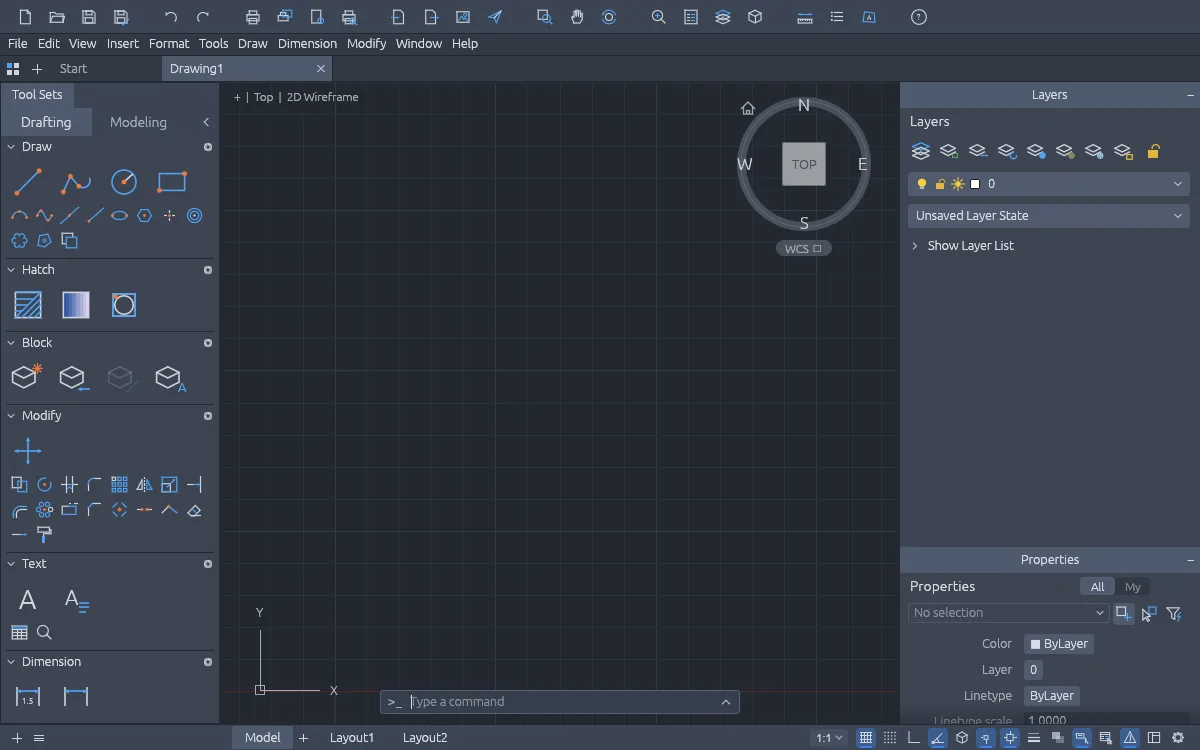 CADCraft online with the dark drafting workspace, tool sets and command line visible
