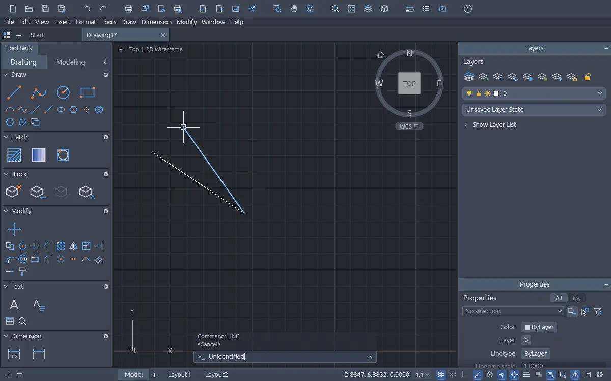 CADCraft vs AutoCAD: the Draw tool set and the LINE command drawing segments on the grid
