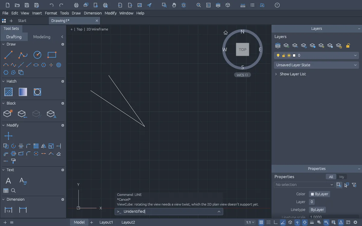 CADCraft Layers panel with layer states and the Properties pane on the right