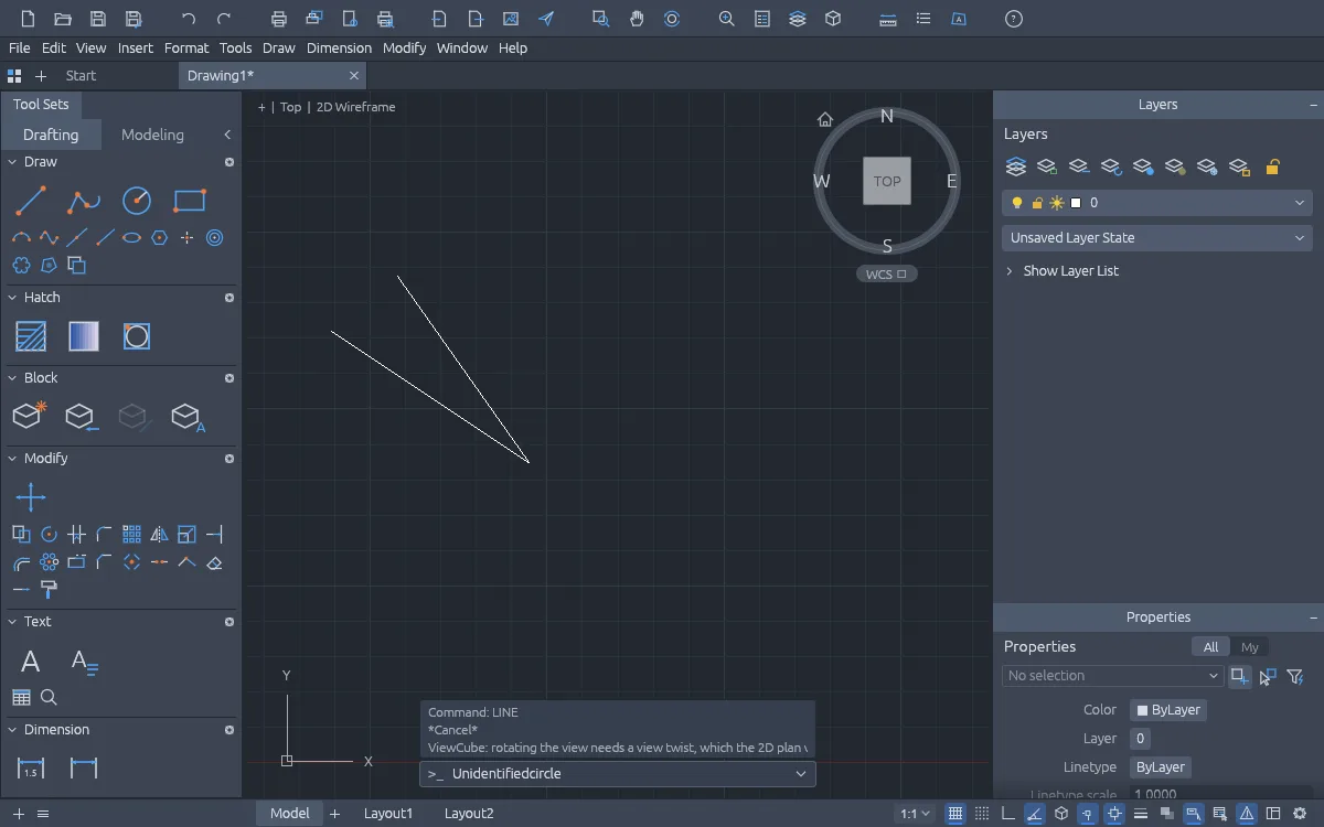 CADCraft command line with circle typed, command history and Model and Layout tabs