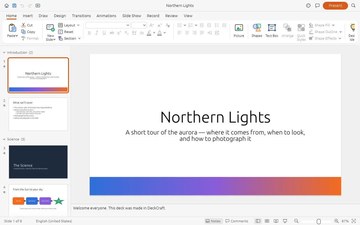 DeckCraft online with the sample Northern Lights deck open on slide 1 of 8