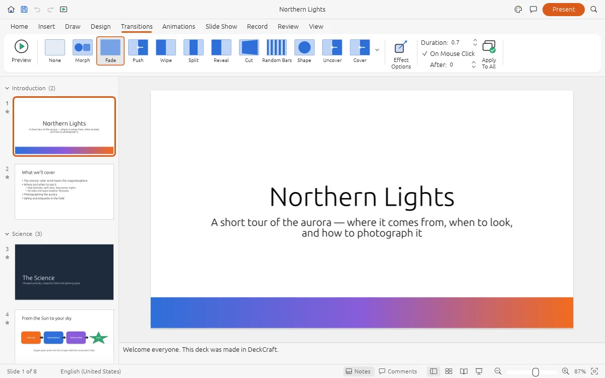 DeckCraft vs PowerPoint: the Transitions ribbon with Morph, Fade, Wipe and Push effects