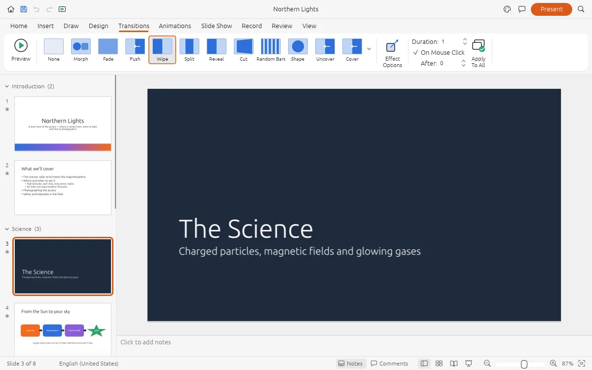 DeckCraft slide 3 of 8, The Science, selected from the Science section with thumbnails and notes pane