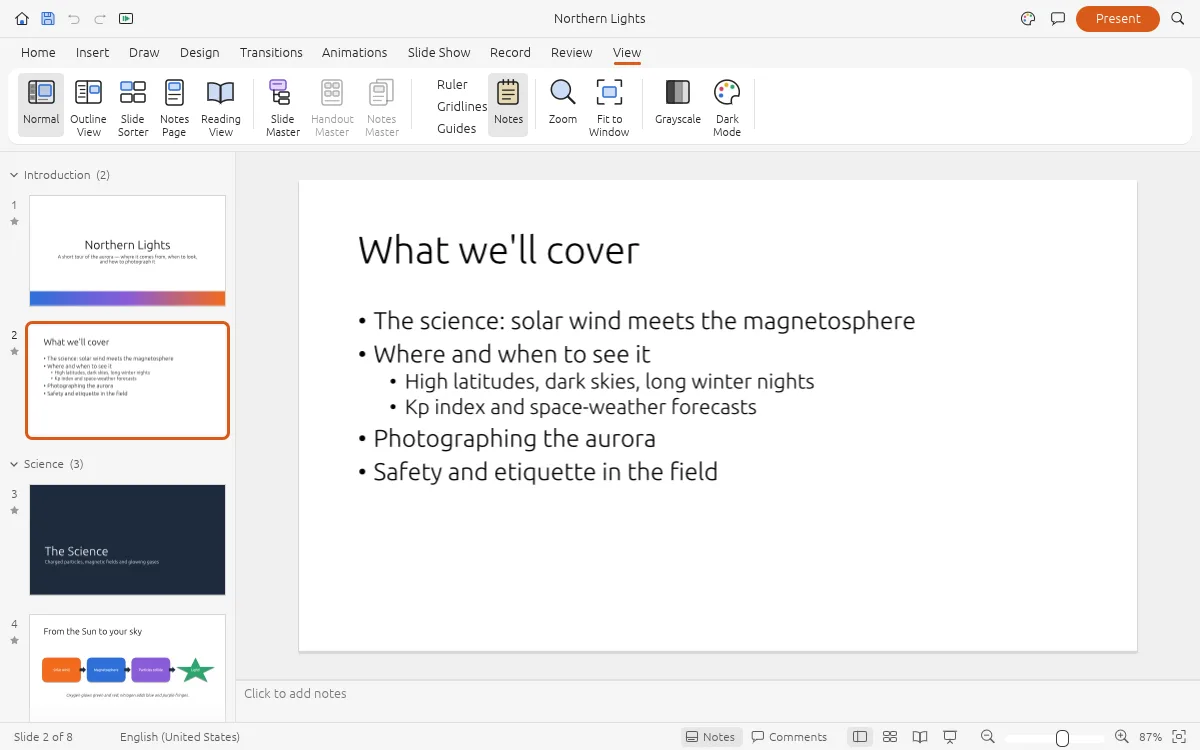 DeckCraft View ribbon with Normal, Outline, Slide Sorter and Notes Master views