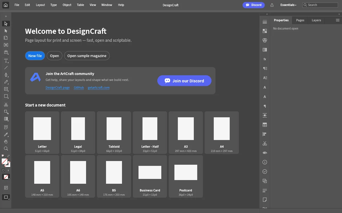 DesignCraft welcome screen with New file, Open sample magazine and page-size templates