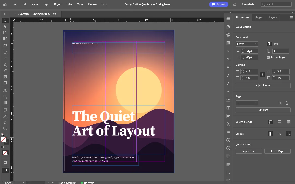 DesignCraft vs InDesign: the toolbar with selection, type, frame and table tools over the sample magazine page