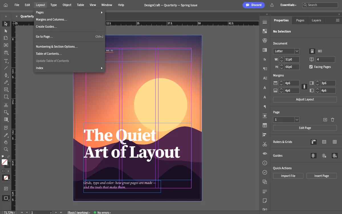 DesignCraft Layout menu with Pages, Margins and Columns, Create Guides and Numbering options