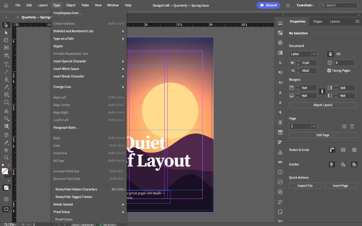DesignCraft Type menu with Find/Replace Font, Create Outlines, Glyphs and Change Case