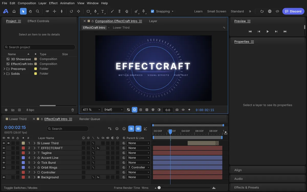 EffectCraft online with the built-in EffectCraft Intro composition, Project panel and Timeline