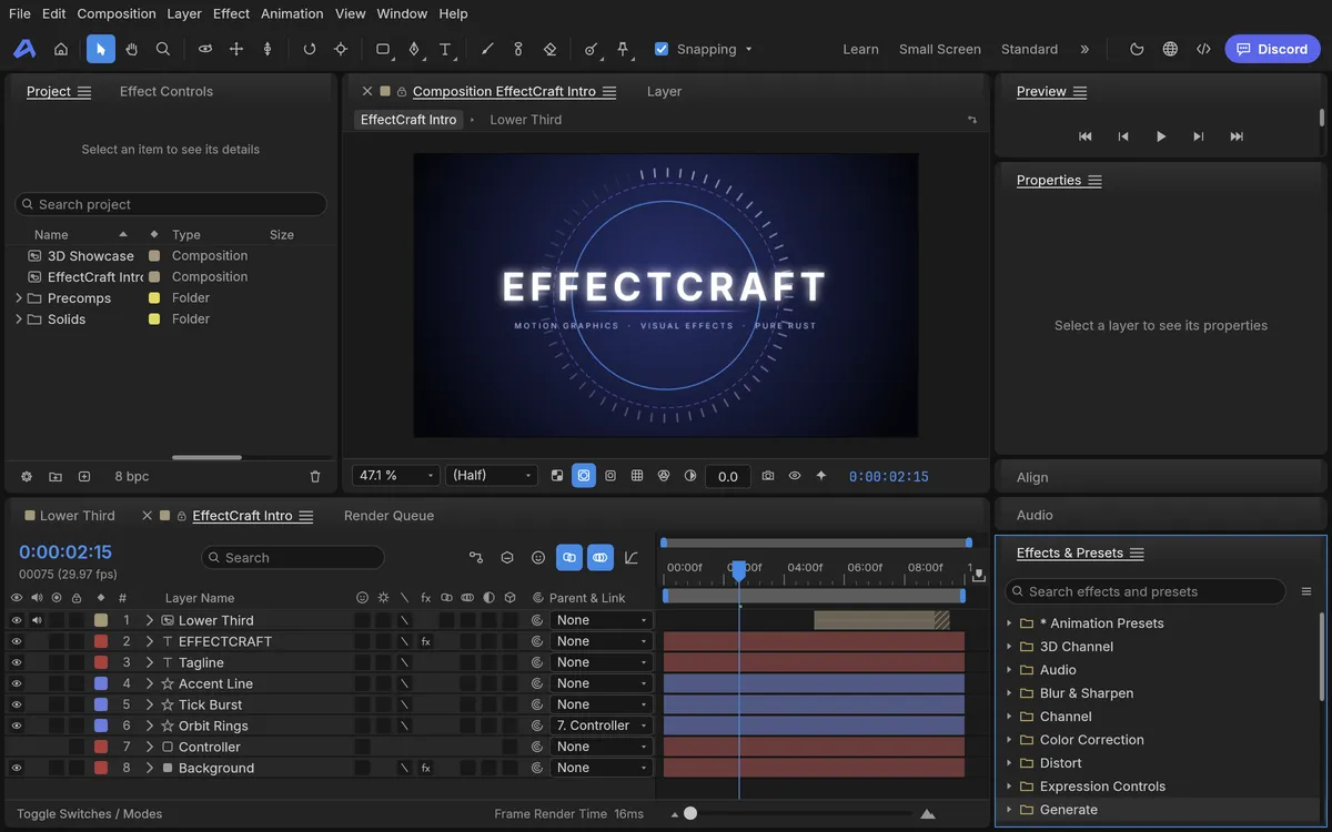 EffectCraft vs After Effects: the Effects & Presets panel with Blur & Sharpen, Color Correction and Distort