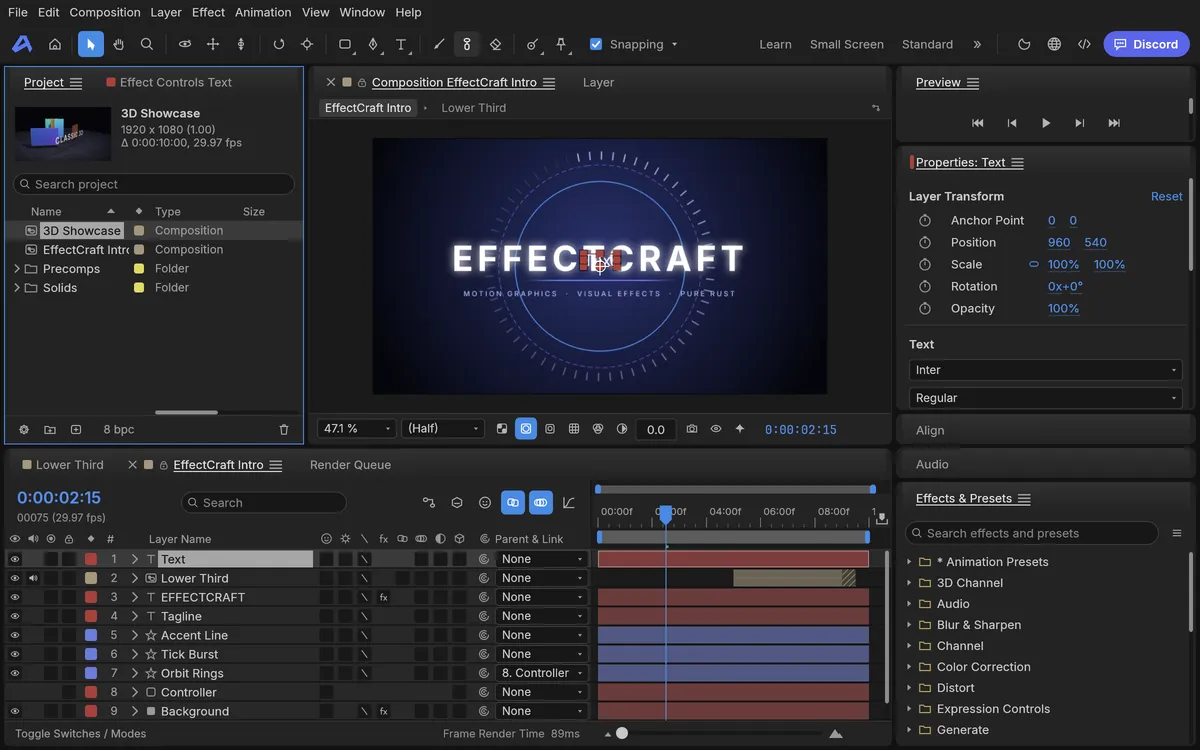 A new Text layer in EffectCraft online with Position, Scale, Rotation and Opacity keyframe stopwatches