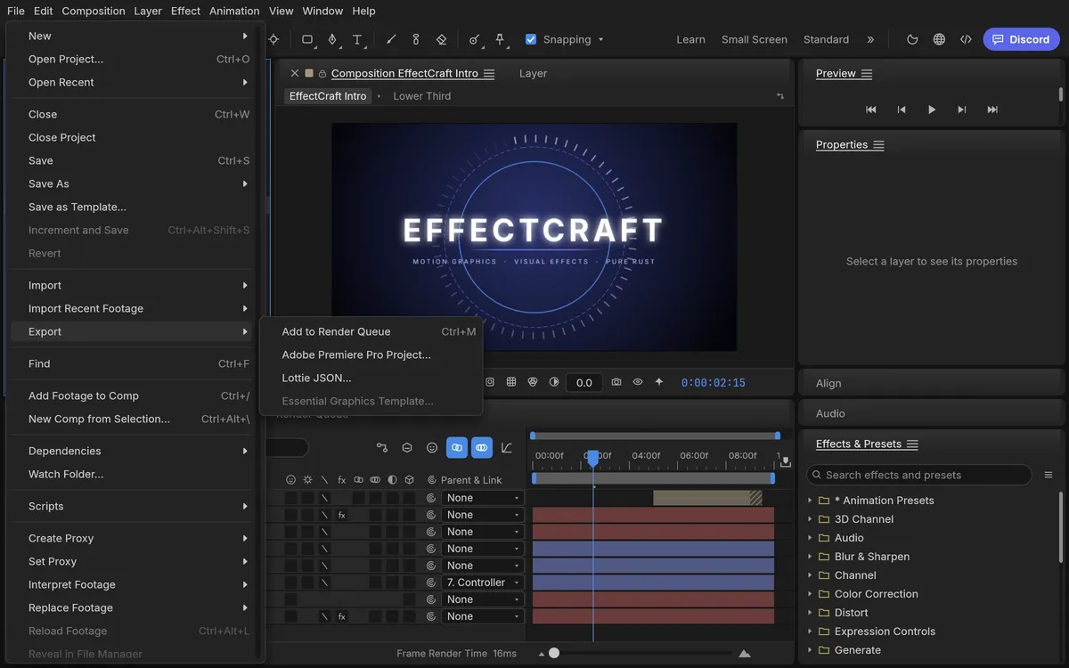 EffectCraft File, Export menu with Add to Render Queue and Lottie JSON export