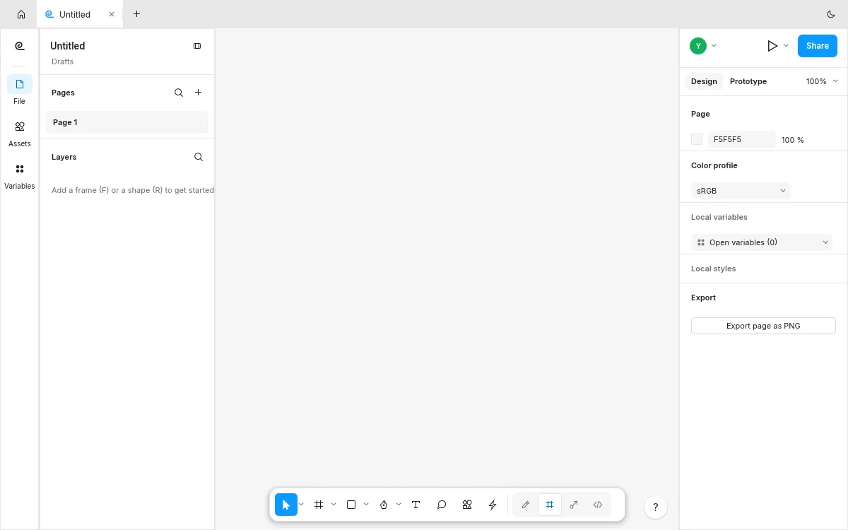 FigCraft online with an untitled draft, pages and layers on the left and the design panel on the right