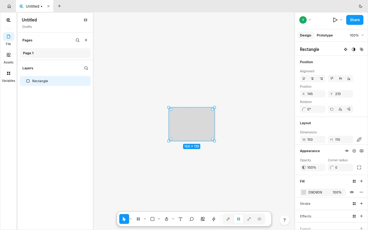 FigCraft vs Figma: the floating toolbar drawing a rectangle with the Design panel showing position and fill