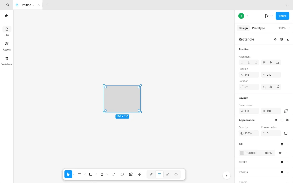 FigCraft design panel with position, layout, fill and stroke controls for the selected rectangle