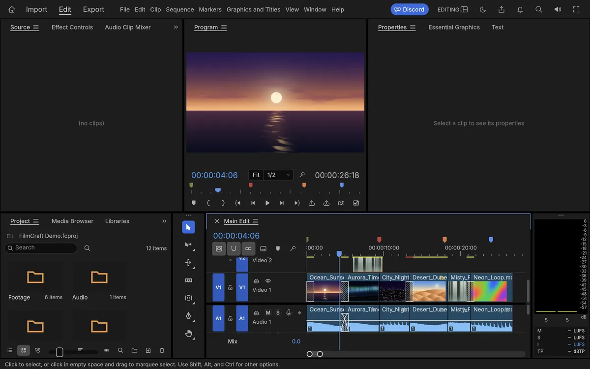 FilmCraft online with the demo project: six clips and music on the Main Edit timeline