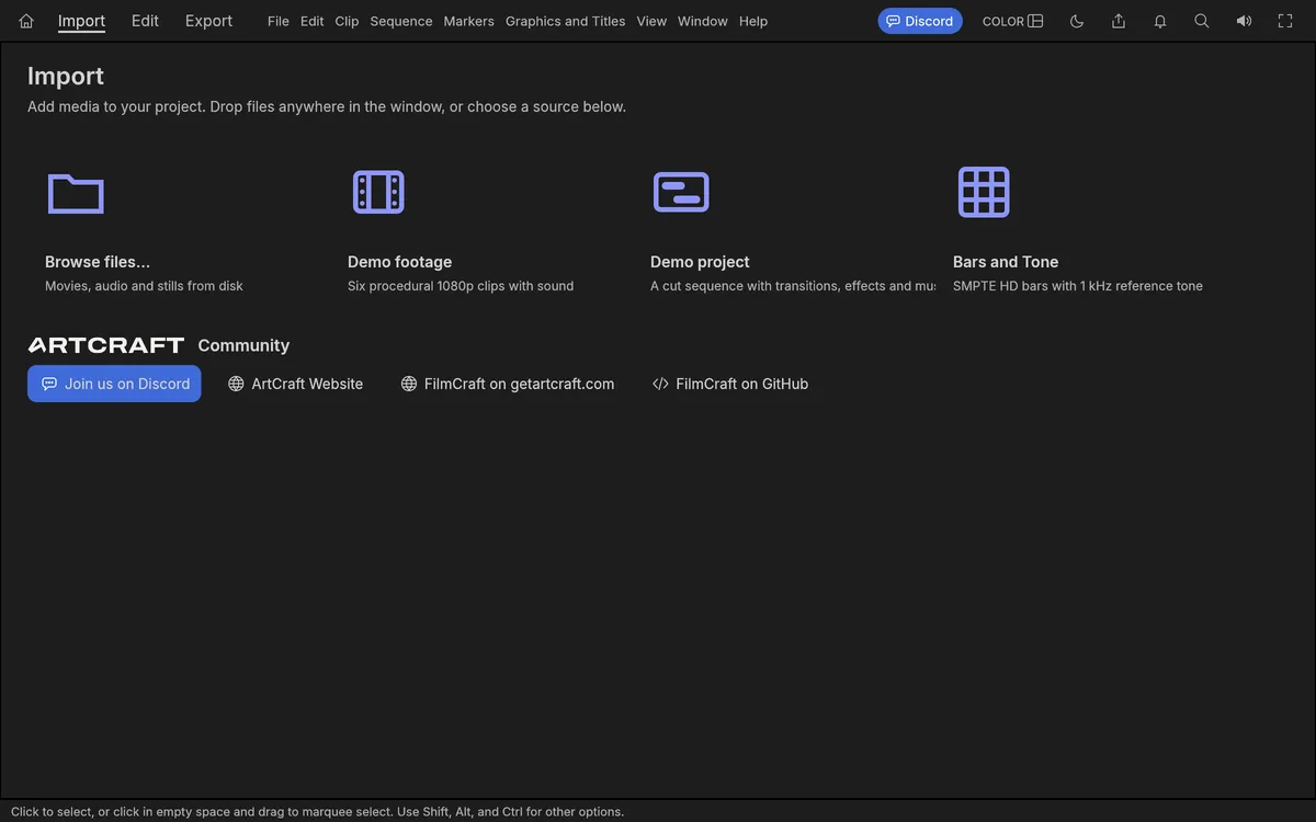 FilmCraft Import screen with Browse files, Demo footage, Demo project and Bars and Tone