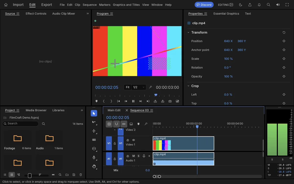 Our test clip in FilmCraft online after a ripple trim, playing on a three-second sequence
