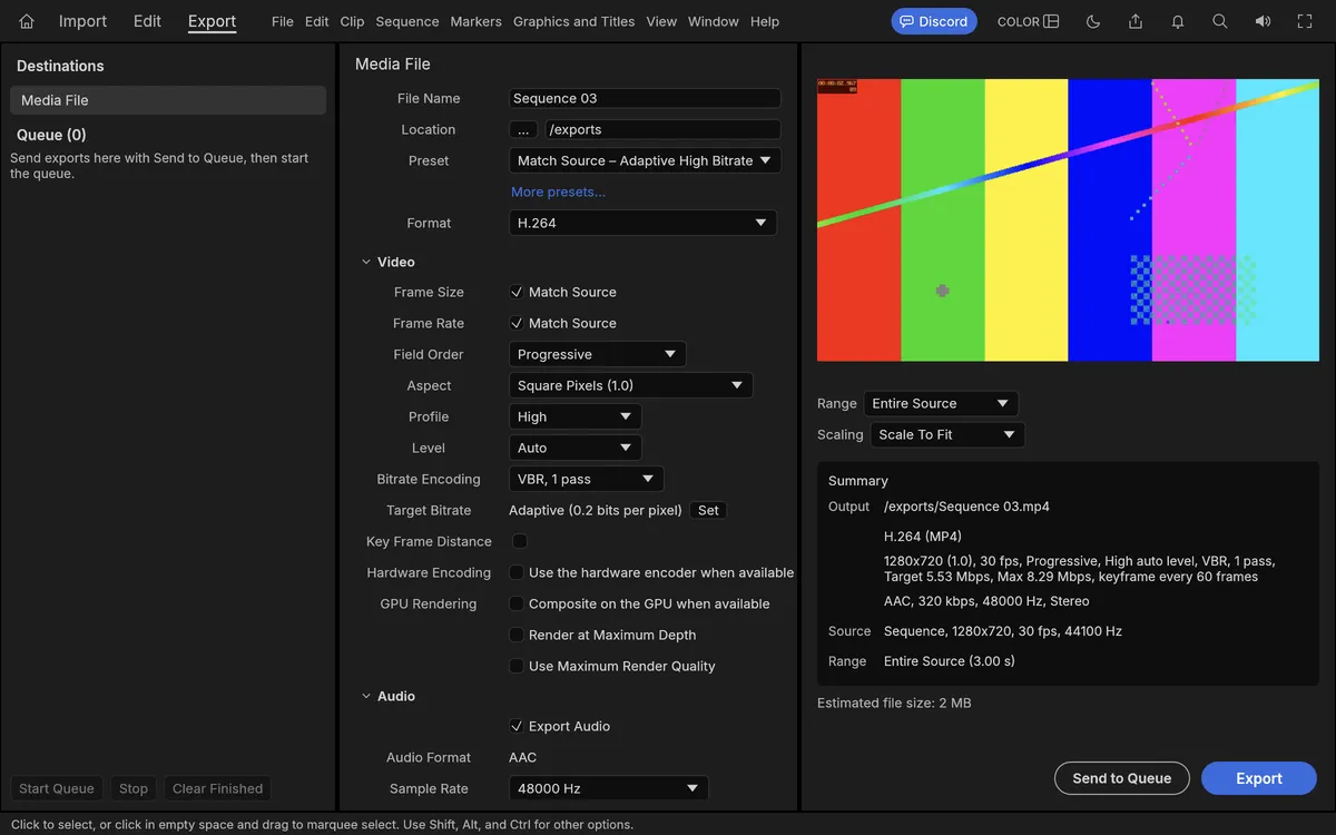 FilmCraft Export mode set to H.264 MP4 with AAC audio and an estimated file size