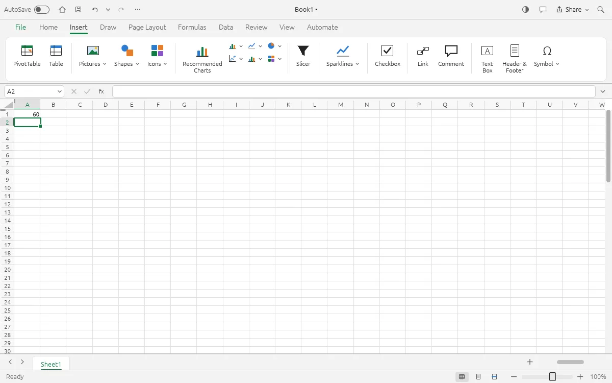 GridCraft vs Microsoft Excel: the Insert ribbon with PivotTable, Recommended Charts, Slicer and Sparklines