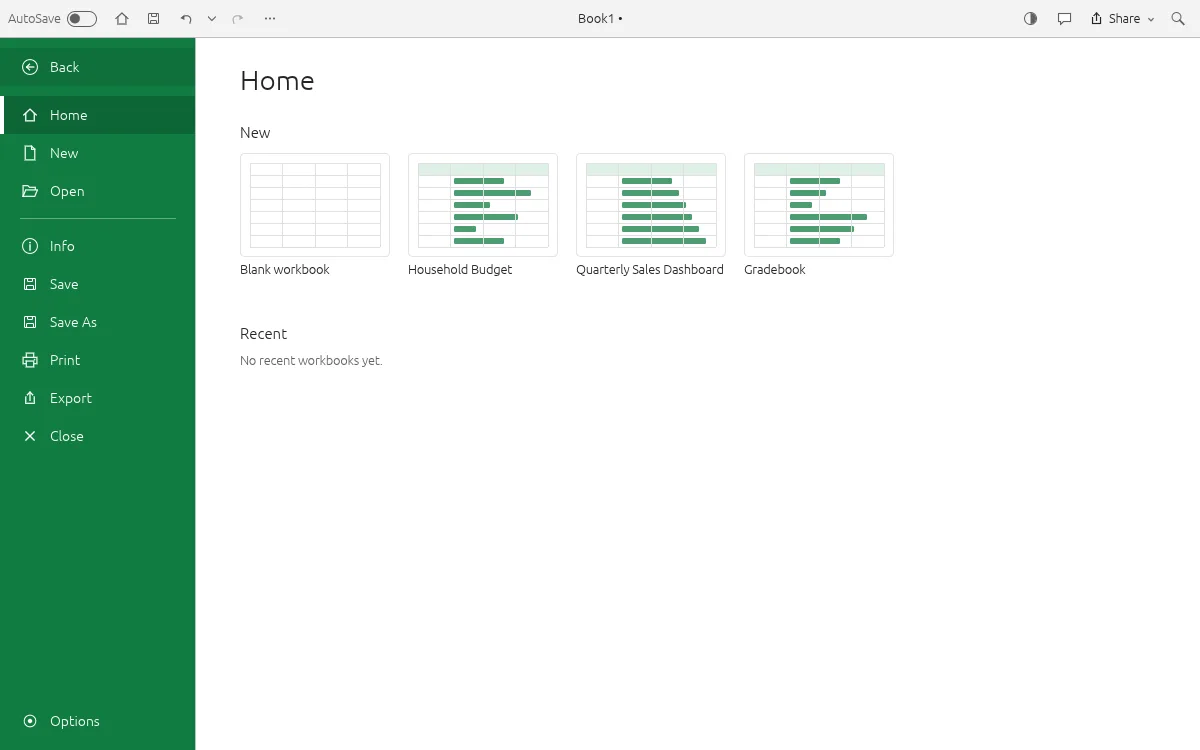 GridCraft File backstage view with workbook templates, Open, Save and Export
