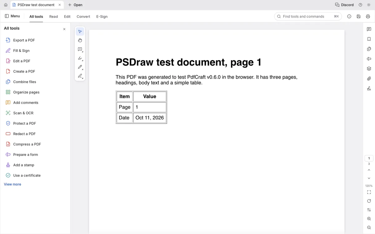 PdfCraft v0.6.0 web build with a three-page PDF open and the All tools panel