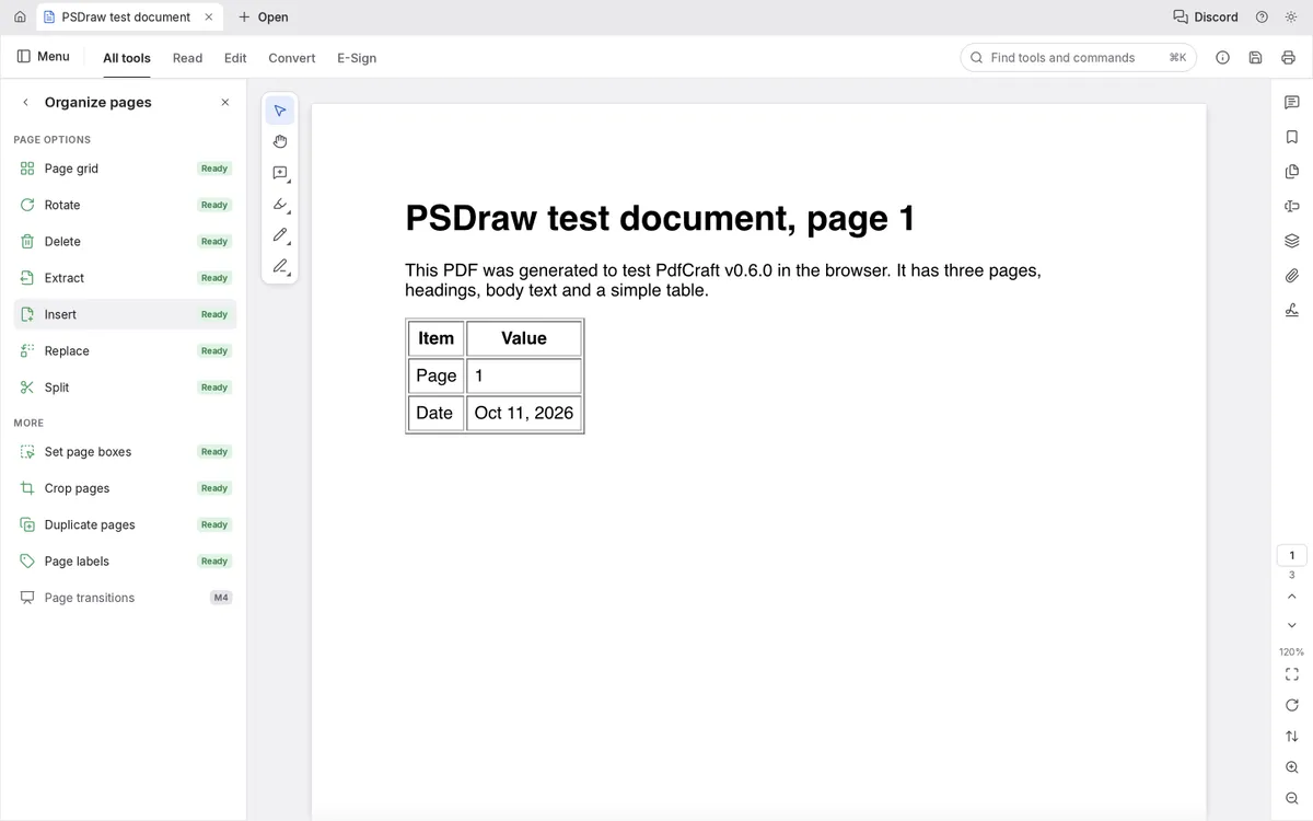 PdfCraft Organize pages panel with rotate, delete, extract, insert, replace and split marked Ready