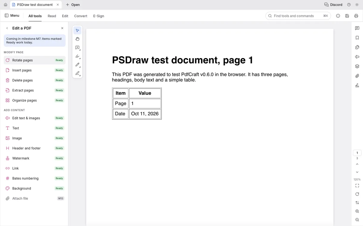 PdfCraft Edit a PDF panel: Edit text and images marked Ready, full panel due in a later milestone