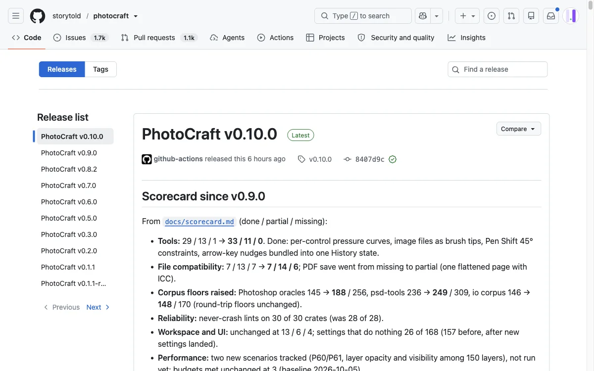 PhotoCraft GitHub releases page showing the v0.10.0 PhotoCraft download and its release notes
