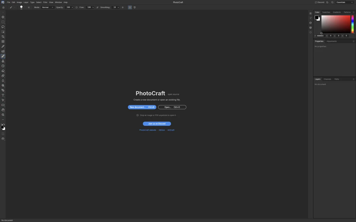 PhotoCraft review screenshot: the free Photoshop clone opens with a New document and Open dialog in the browser