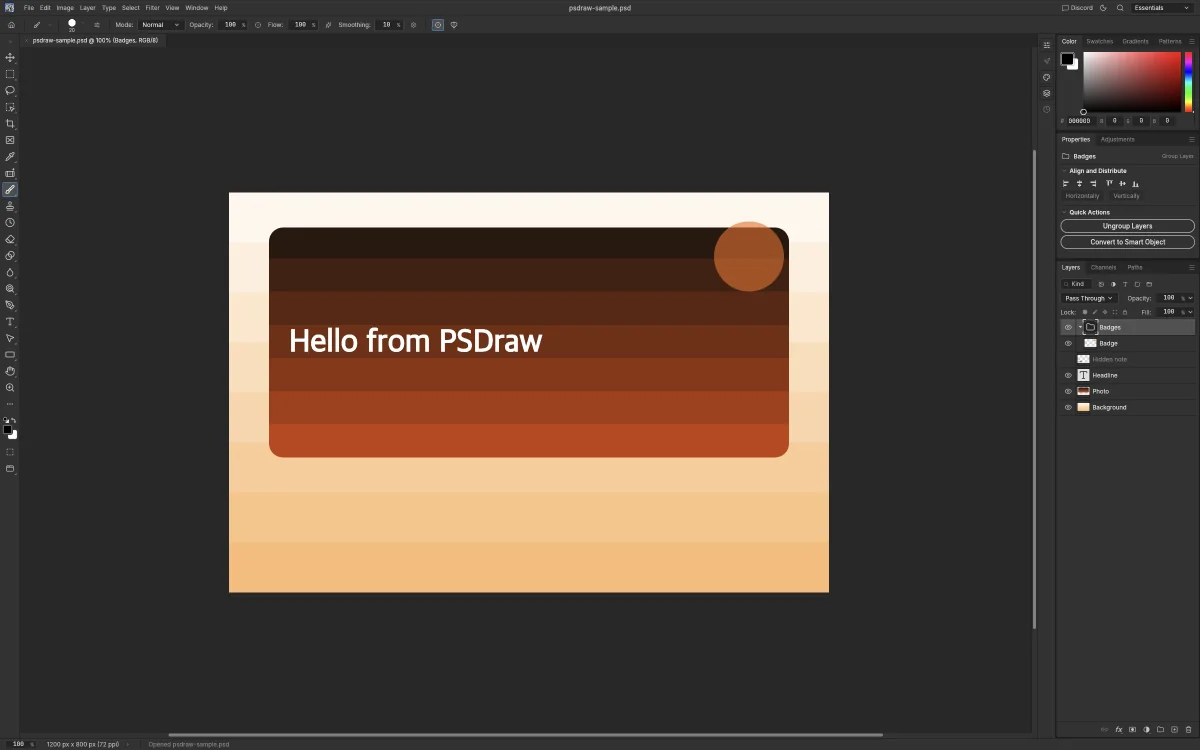 PhotoCraft review test: a layered PSD opened at 100% with its layer group, channels and paths visible