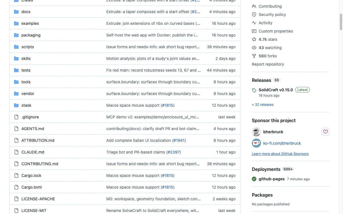 SolidCraft GitHub repository page showing the source tree, 4.7k stars, 560 forks and the v0.15.0 release