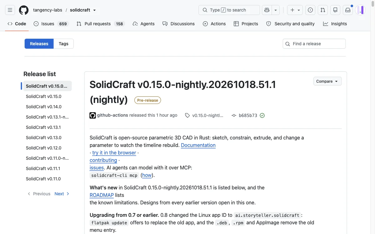 SolidCraft releases page listing v0.15.0 and the nightly builds, with the release notes for the current version