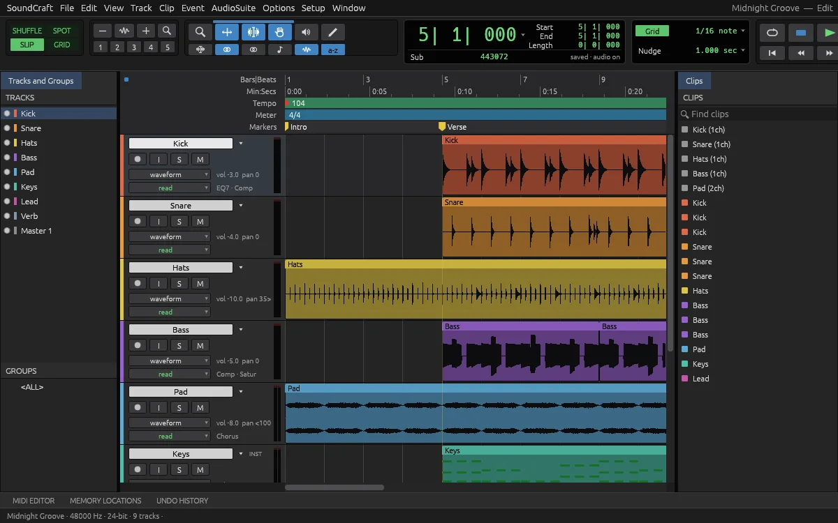 SoundCraft track list with Kick, Snare, Hats, Bass and Pad tracks, EQ7 and Comp inserts and read automation states