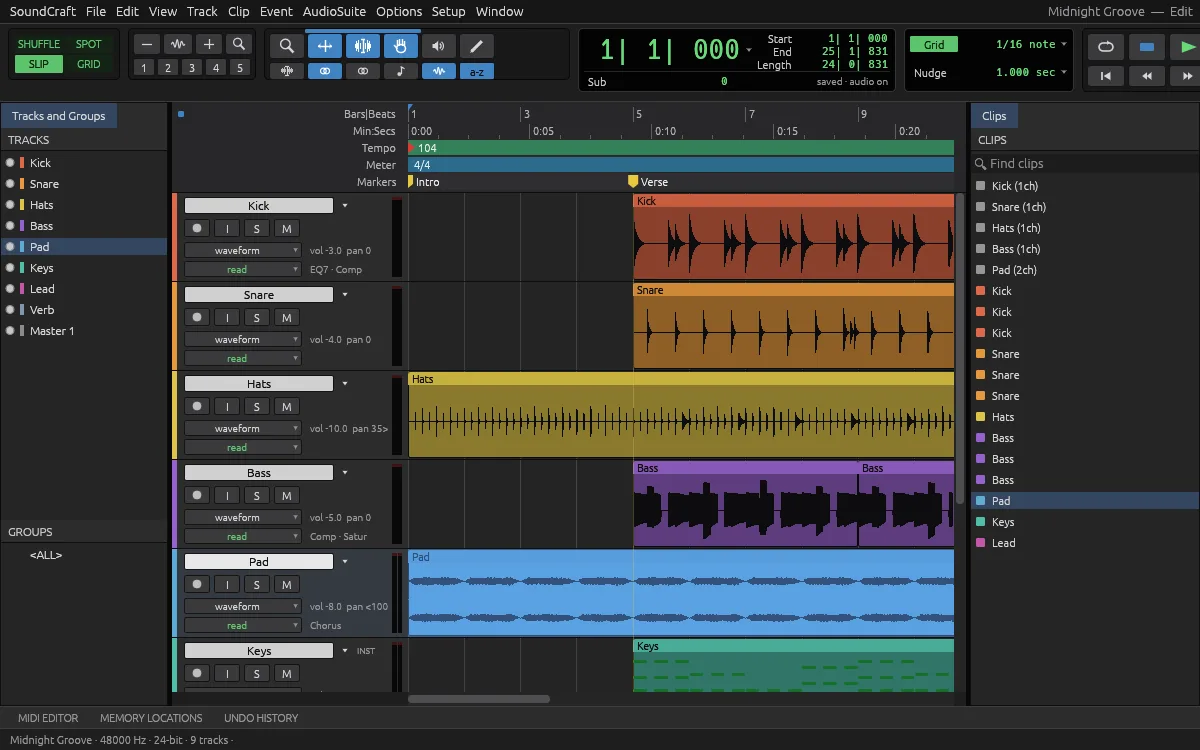 SoundCraft transport with the Bars|Beats counter, tempo 104, meter 4/4 and the 1/16 note grid