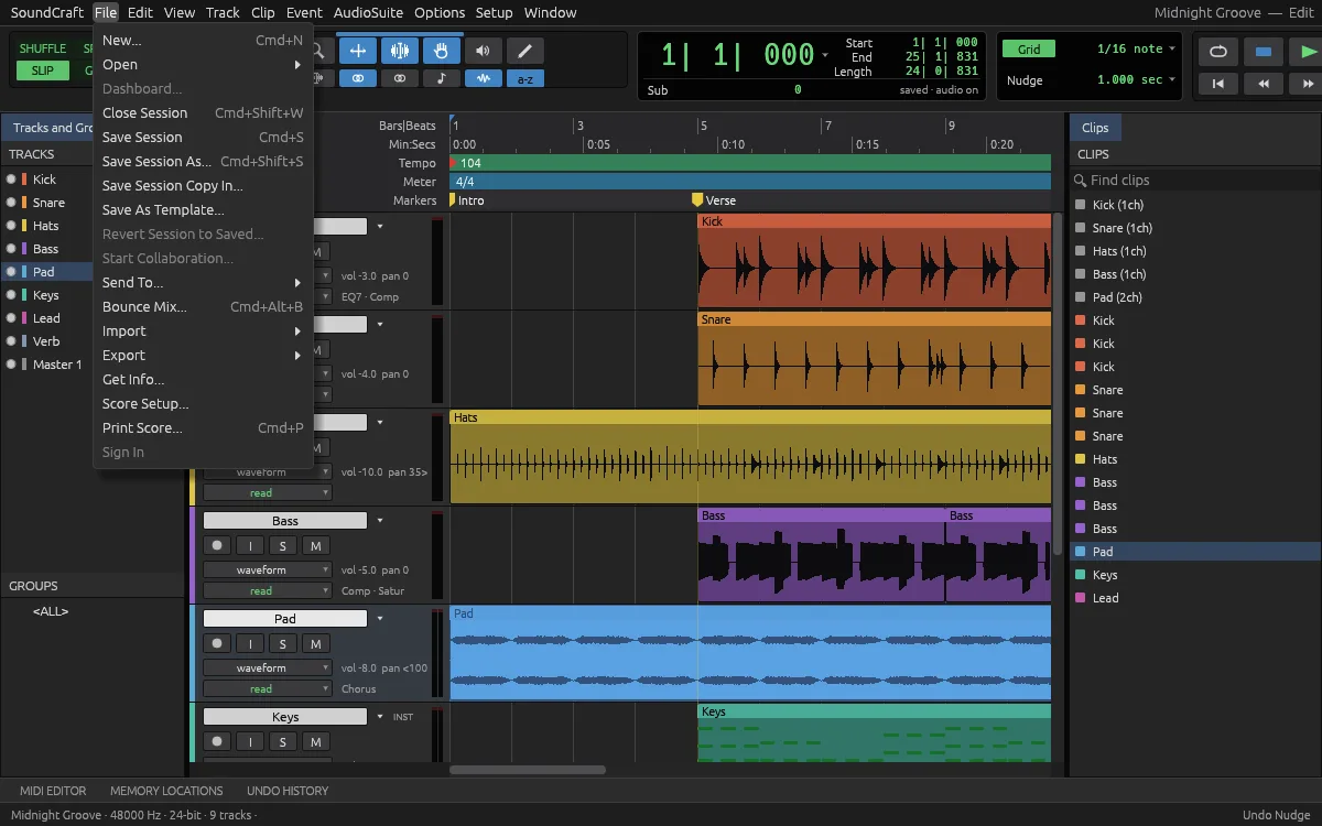 SoundCraft File menu with New, Open, Save Session, Import and Export