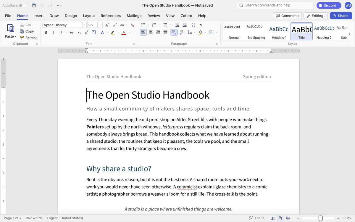 WordCraft online with the Open Studio Handbook sample open on the Home tab of the ribbon