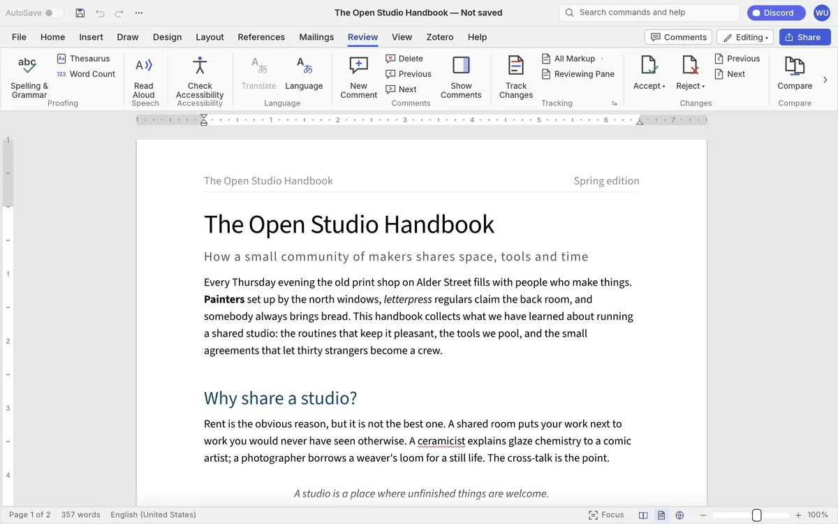 WordCraft vs Microsoft Word: the Review tab with spelling, comments, Track Changes and Compare