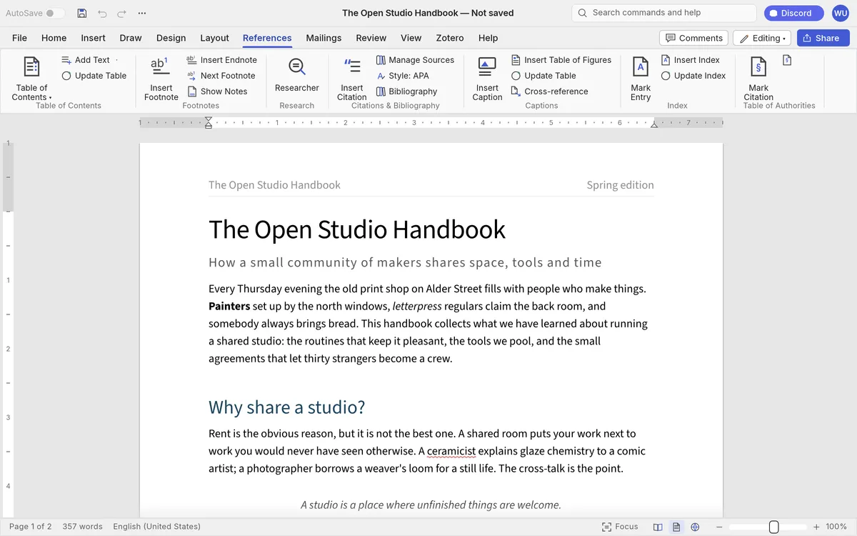 WordCraft References tab with table of contents, footnotes, citations in APA style and index