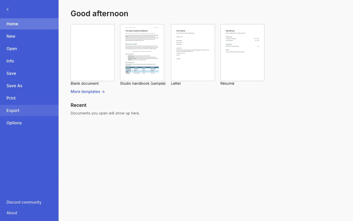WordCraft online Export panel listing PDF, Word, OpenDocument, RTF, HTML, Markdown, LaTeX and PNG