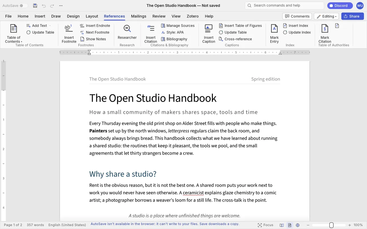 WordCraft web build status bar: AutoSave isn’t available in the browser, Save downloads a copy