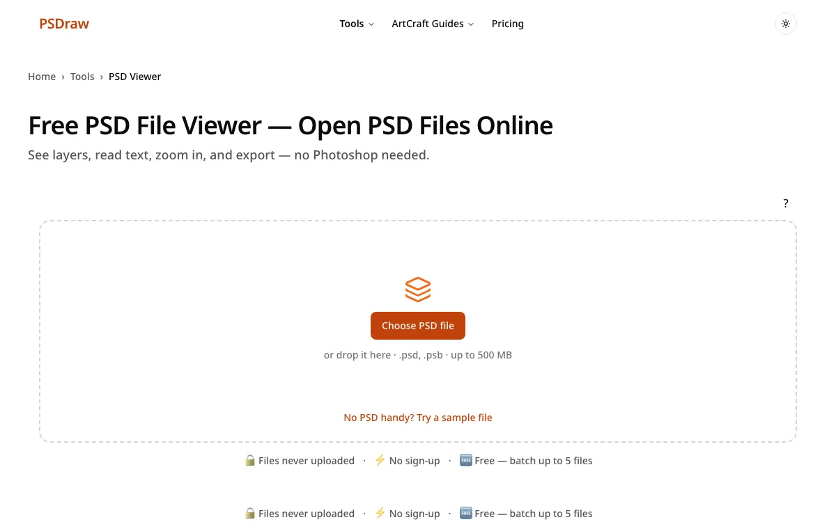 Step 1: choose a file in the PSD viewer drop area