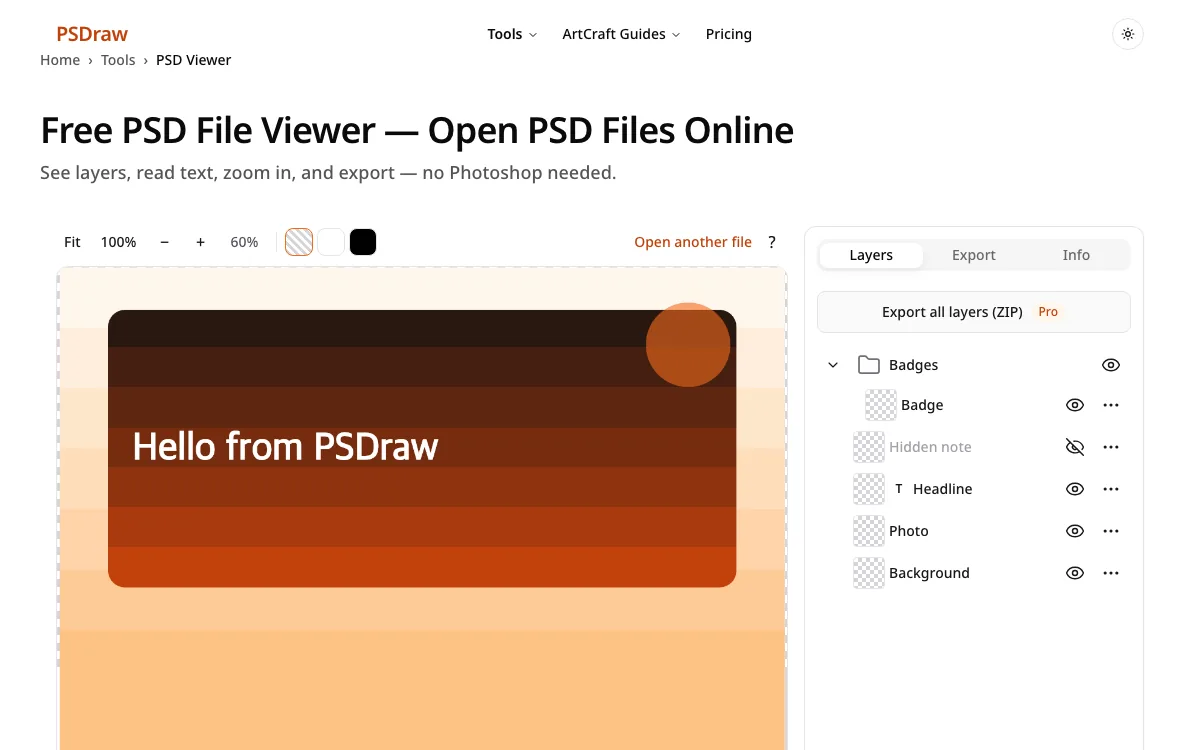 Step 2: the PSD file viewer lists layers next to the preview