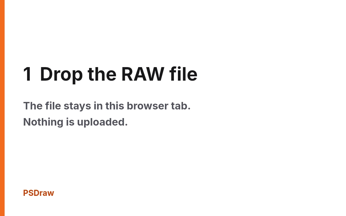 Drop a camera file for RAW to JPG. The photo stays in this browser tab.